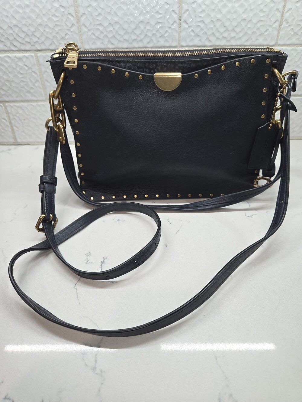 Coach Dreamer Blue Leather Studded Crossbody Shoulder Bag with Rivets